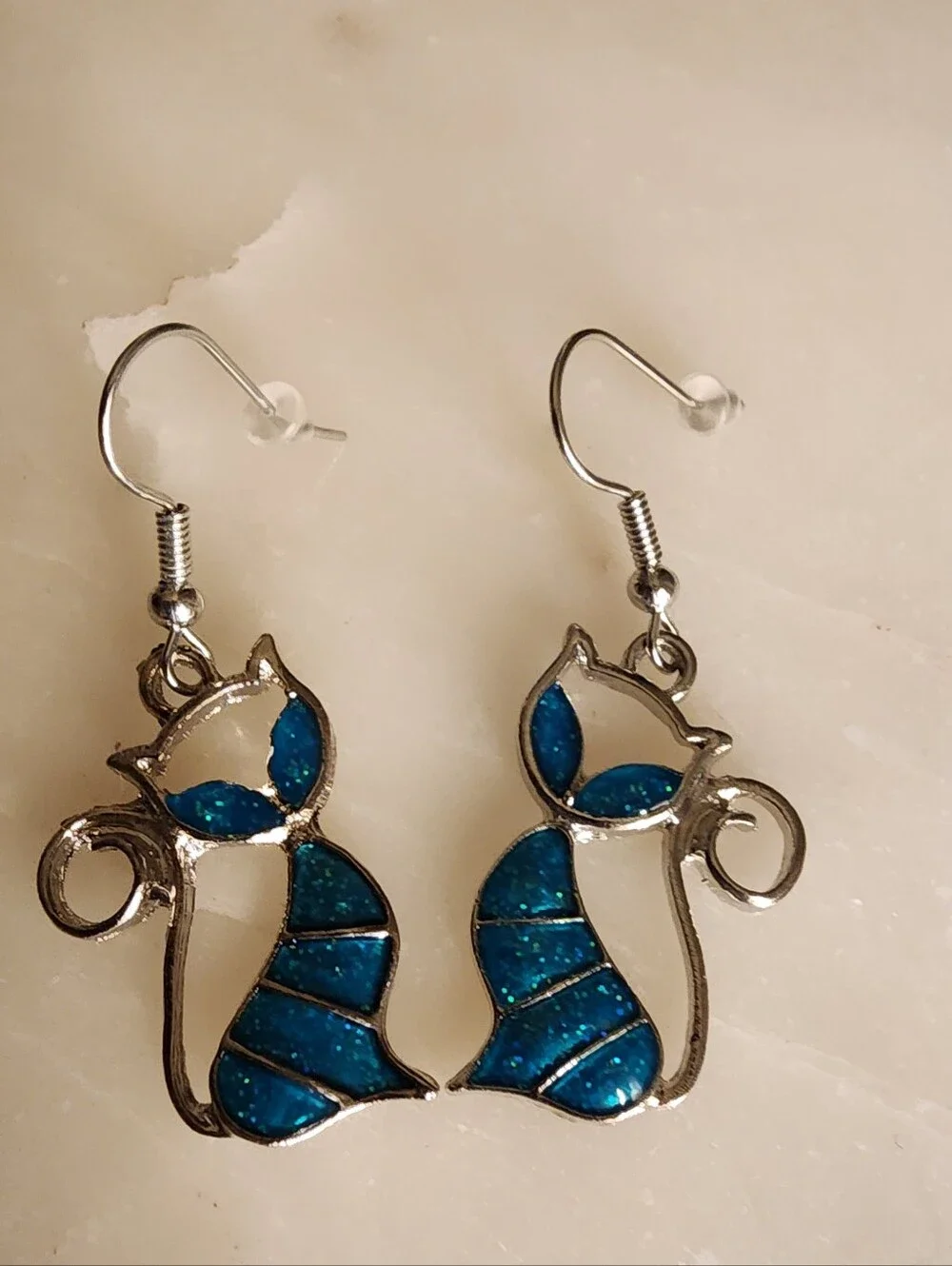 Blue Cat Dangle Earrings - Silver Tone
